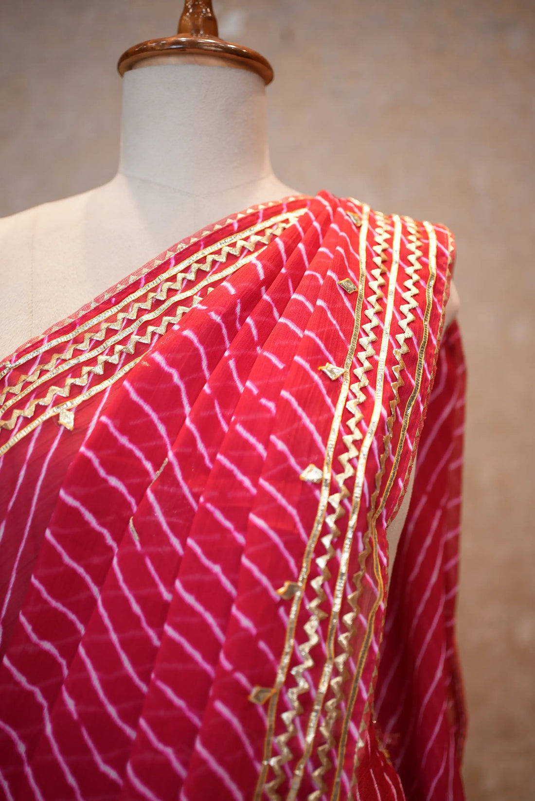 Rani Pink Leheriya Saree with Handcrafted Kacchi Gota Patti Work