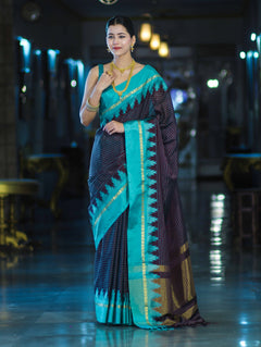Banarsi Maroon Ikat Patterned Silk Saree