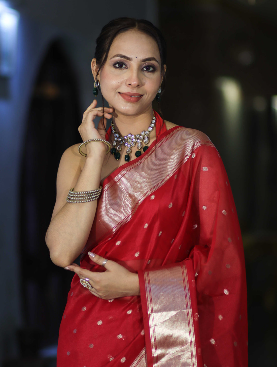 Red Tissue Saree with Silver Zari Border