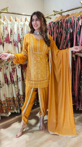 Georgette Mustard Chikan 3-Piece Set