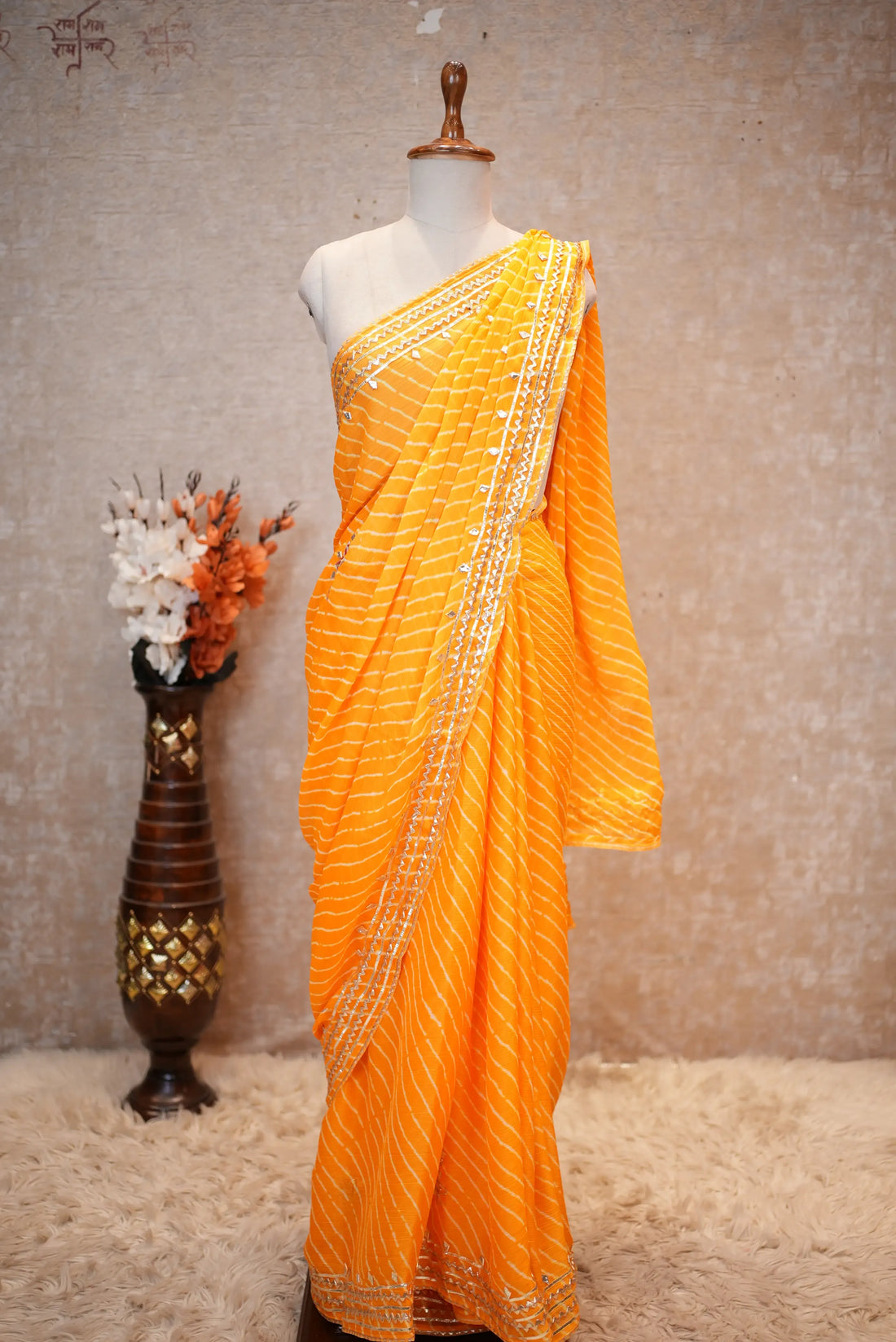Rani Pink Leheriya Saree with Handcrafted Kacchi Gota Patti Work