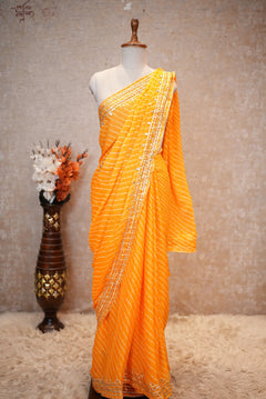 Rani Pink Leheriya Saree with Handcrafted Kacchi Gota Patti Work