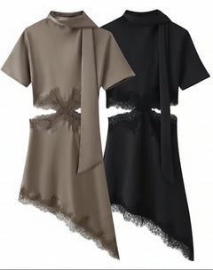 Midnight Allure Black Lace Asymmetric Cocktail Dress for Women