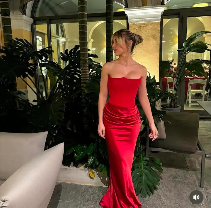 Scarlet Rose Satin Strapless Evening Gown for Women