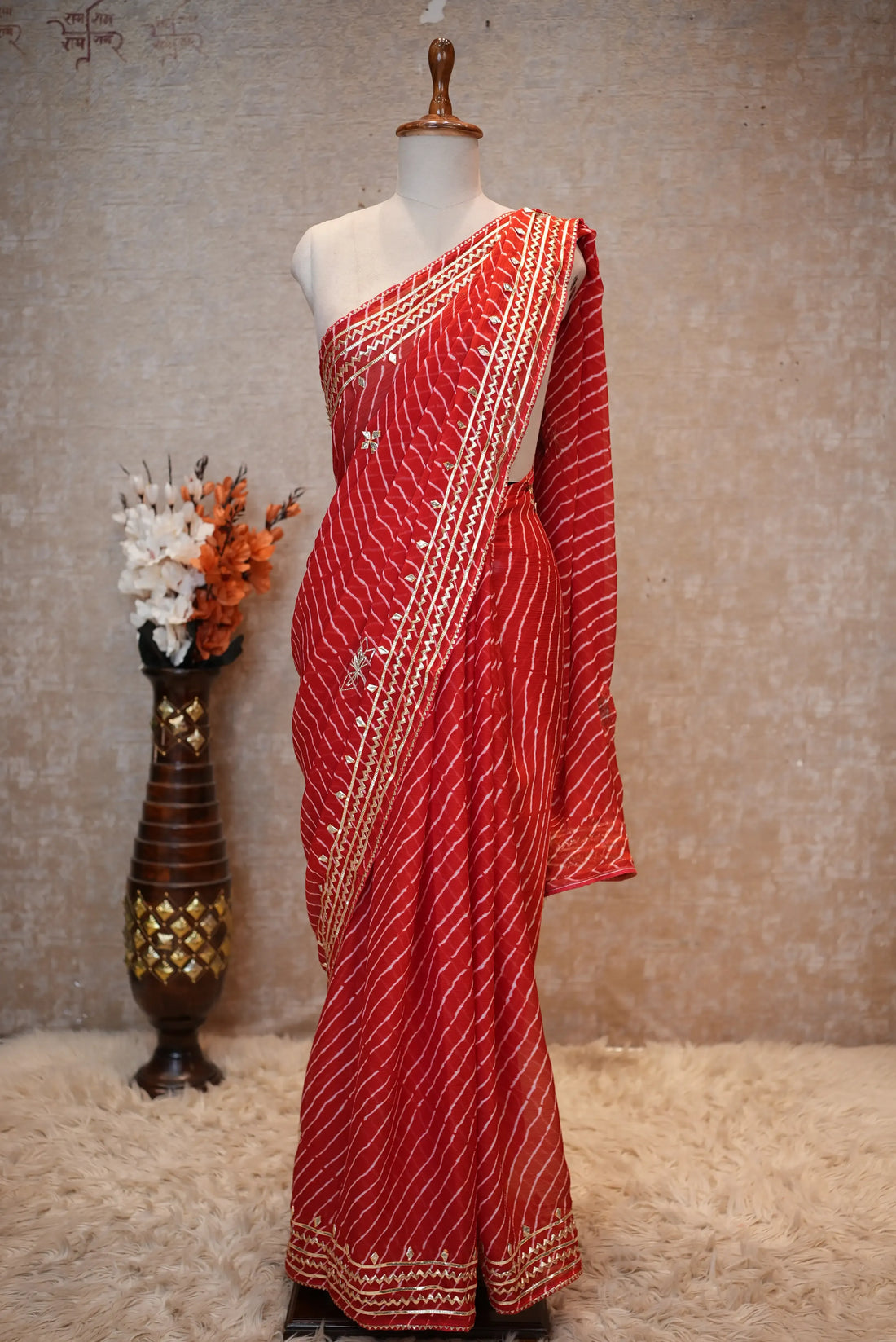 Rani Pink Leheriya Saree with Handcrafted Kacchi Gota Patti Work