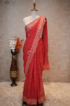 Rani Pink Leheriya Saree with Handcrafted Kacchi Gota Patti Work