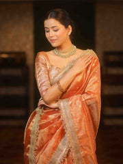 Handwoven Tissue Peach Saree with Zari Buti & Lace