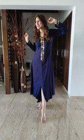 Cotton Navy Blue Gold Long indo western