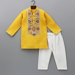 Mustard Cotton Silk Embroidered Kurta Set