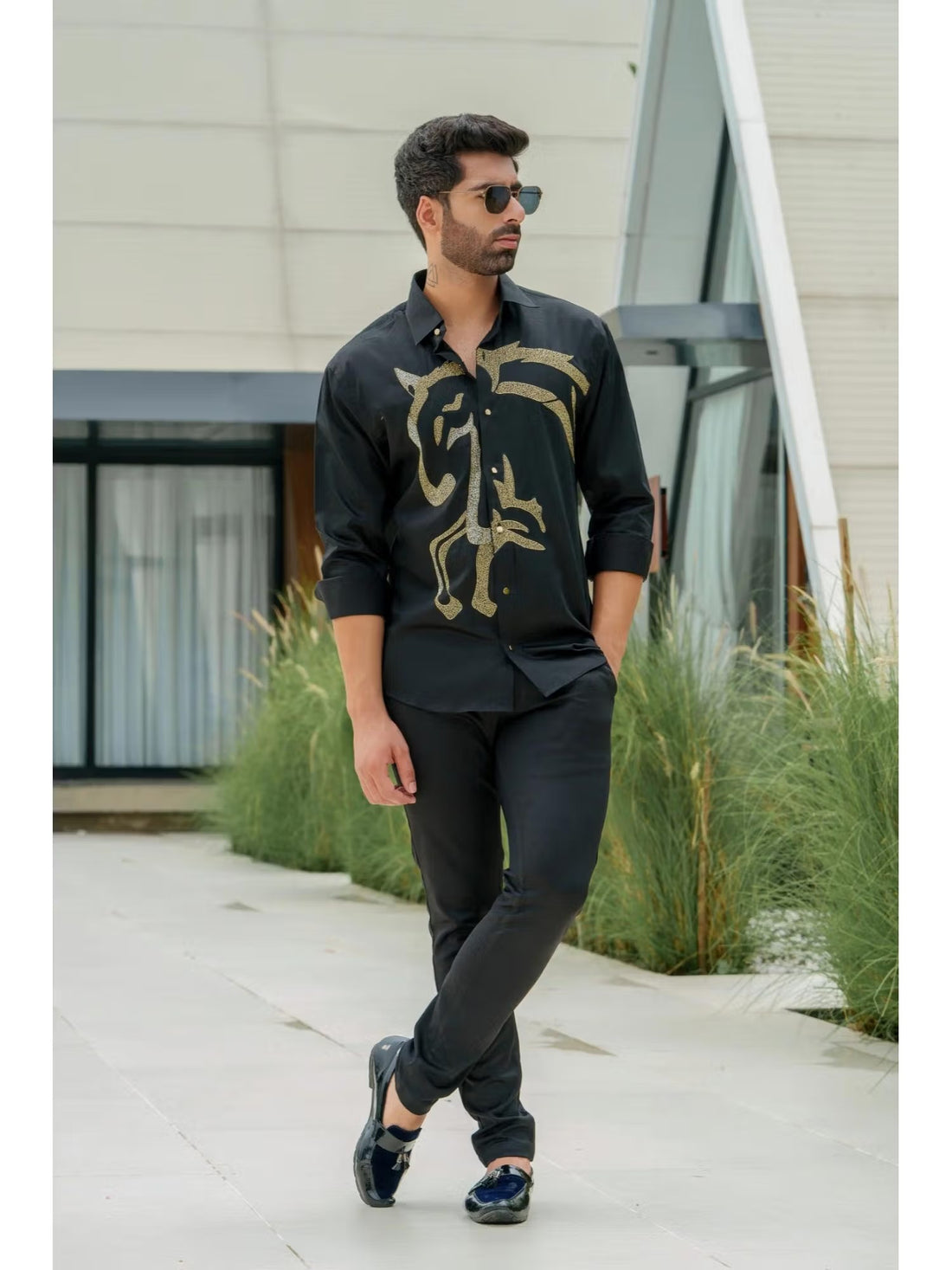 Black Cotton Sequined Party Cocktail Shirt