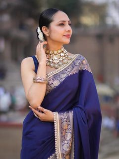 Vastra Veda Banarasi Semi-Silk Saree with Zari Border & Stitched Blouse