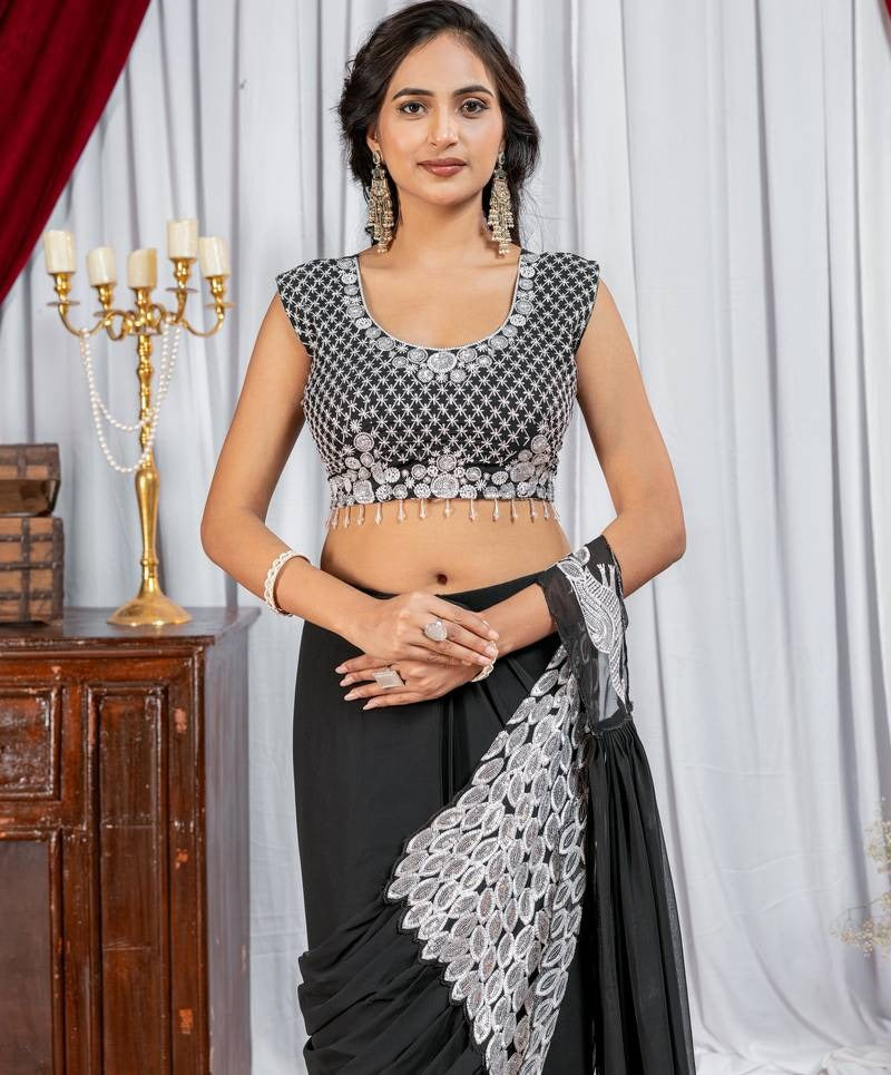 Noor Zahra Luxe Embroidered Saree (Ready-To-Wear) with Blouse