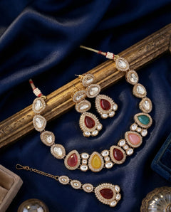 Royal Navratna Kundan Choker Set with Earrings & Maang Tikka