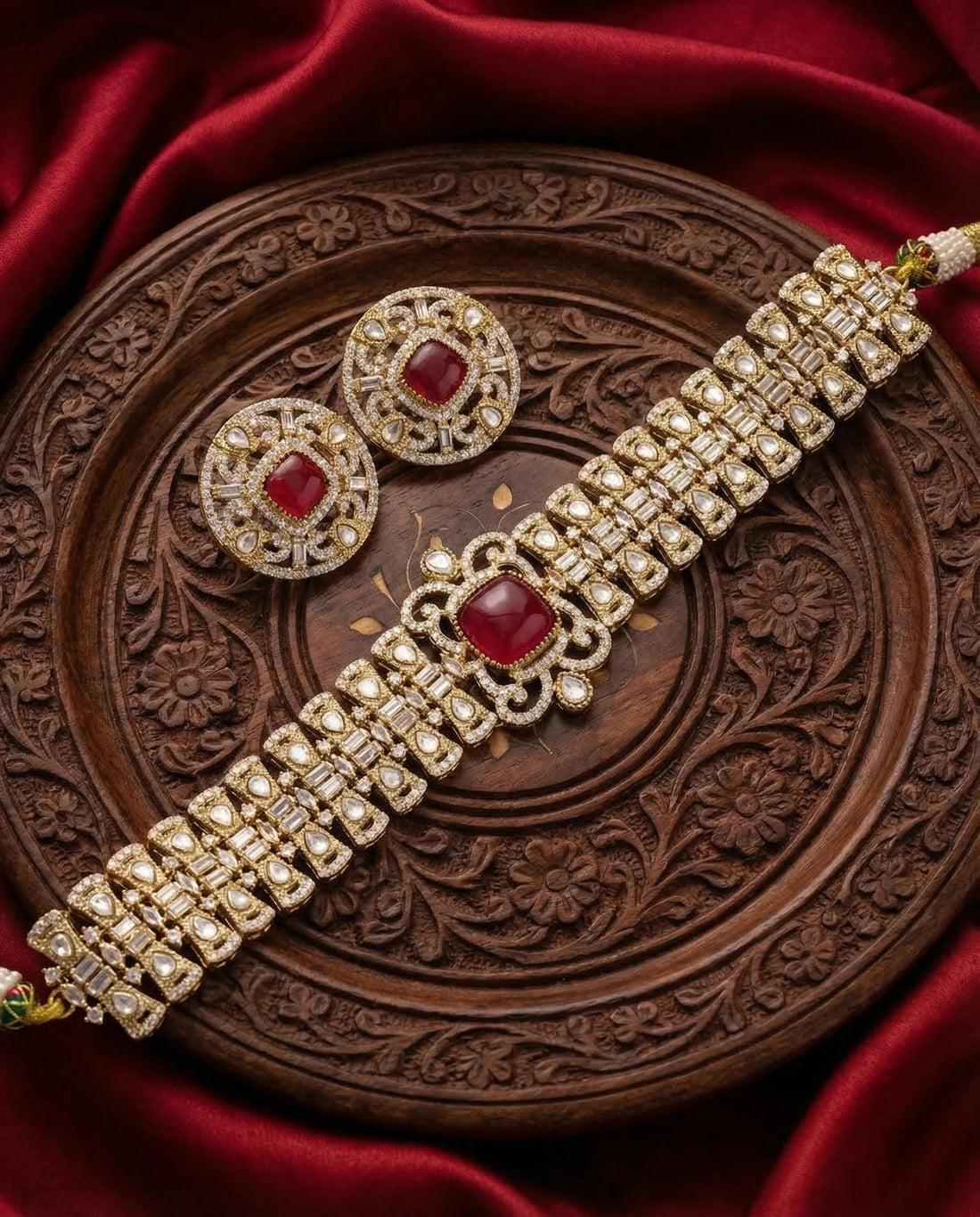 Royal Moissanite Ruby Choker Necklace Set with Statement Earrings
