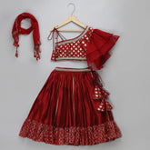 Maroon Organza Chanderi Off Shoulder Lehenga
