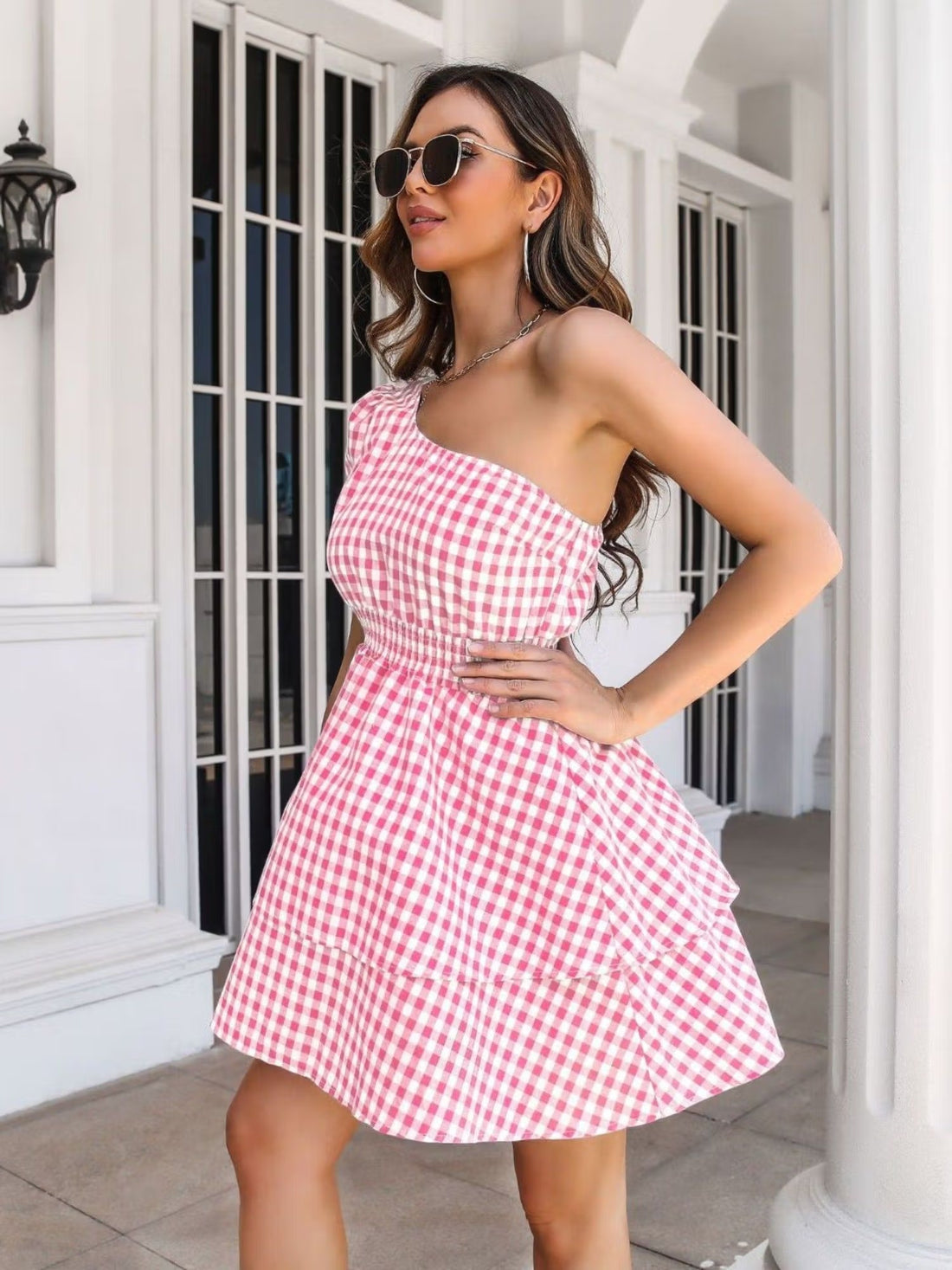 Blue Checked One-Shoulder Short Dress