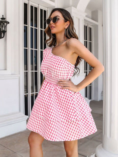 Blue Checked One-Shoulder Short Dress