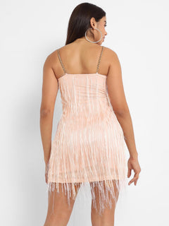 Polyester Beige Fringe Bodycon Women Dress