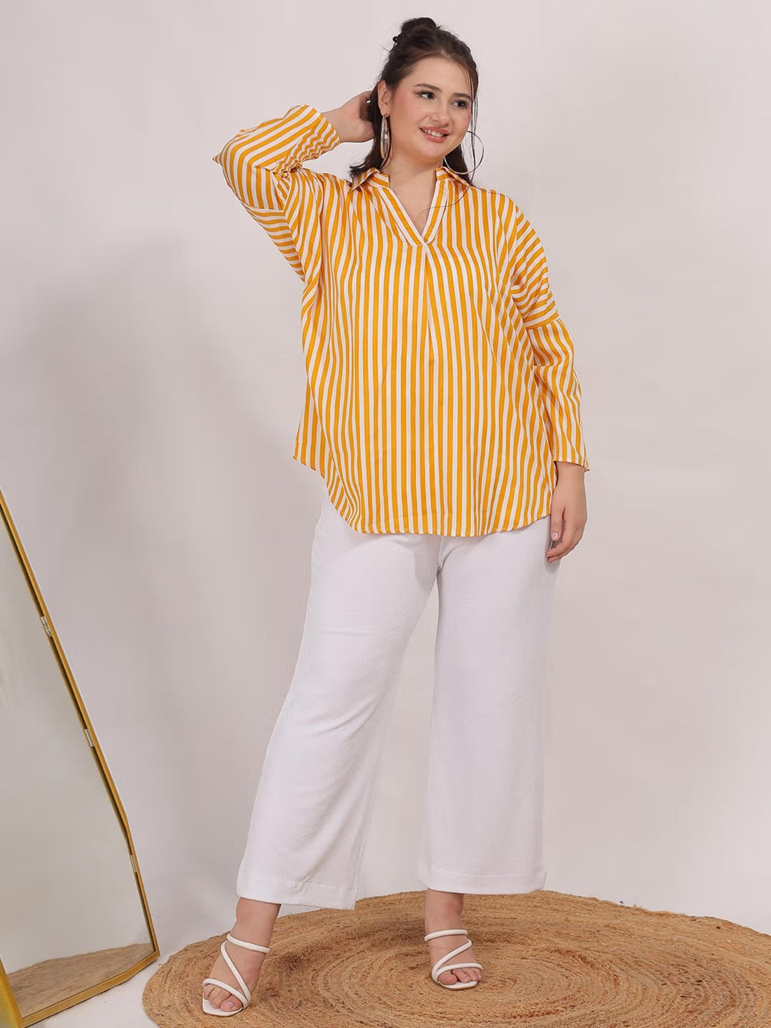 Yellow Striped Crepe Collar Top