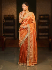 Handwoven Tissue Peach Saree with Zari Buti & Lace