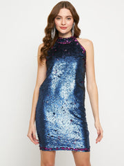Polyester Cobalt Blue Sequin Halter Dress