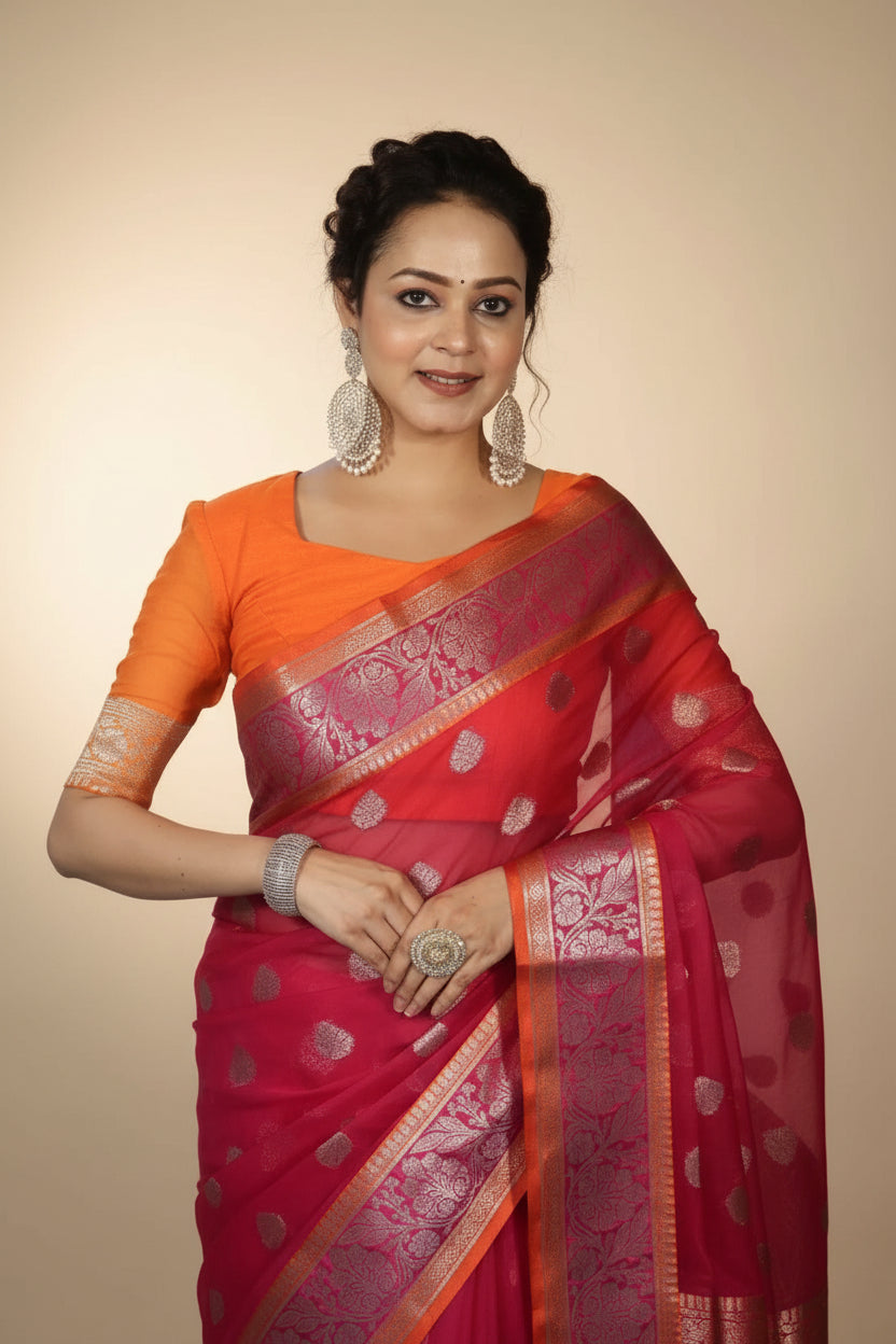 Banarasi Organza Saree with Gold Butti and Zari Border in Rani Pink