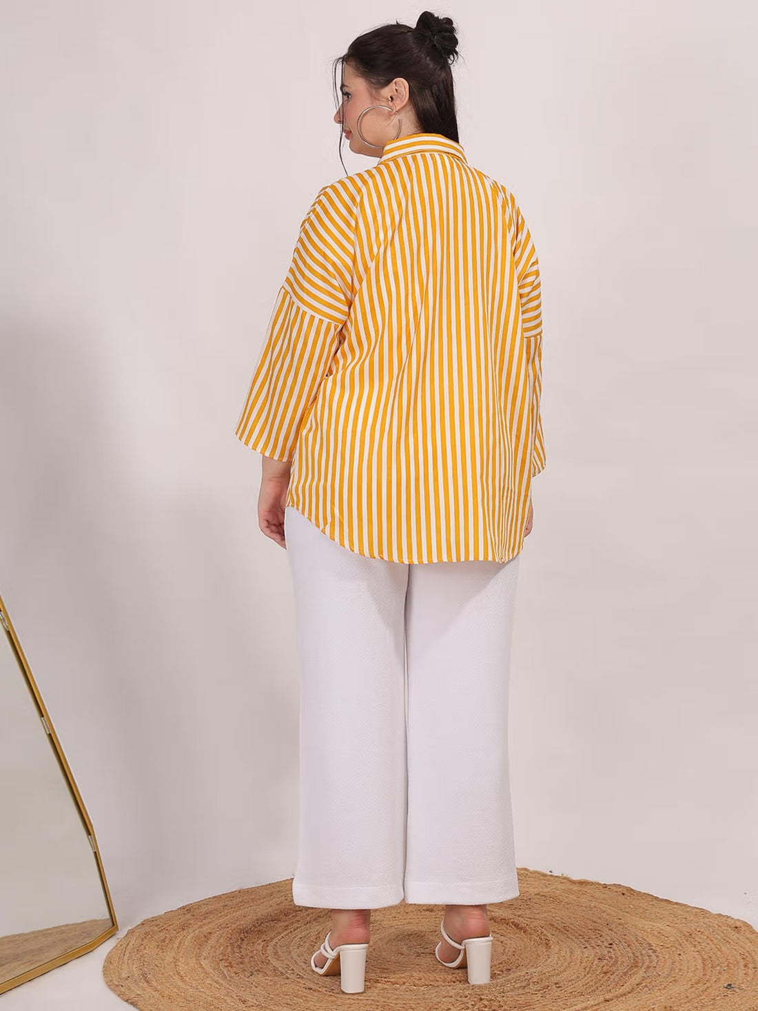 Yellow Striped Crepe Collar Top