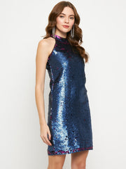 Polyester Cobalt Blue Sequin Halter Dress