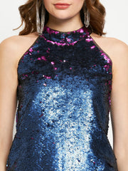 Polyester Cobalt Blue Sequin Halter Dress
