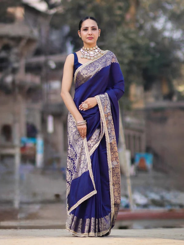 Vastra Veda Banarasi Semi-Silk Saree with Zari Border & Stitched Blouse