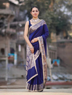 Vastra Veda Banarasi Semi-Silk Saree with Zari Border & Stitched Blouse