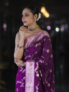 Royal Purple Banarasi Handloom Tissue Saree with Butti Design & Sthiched Blouse