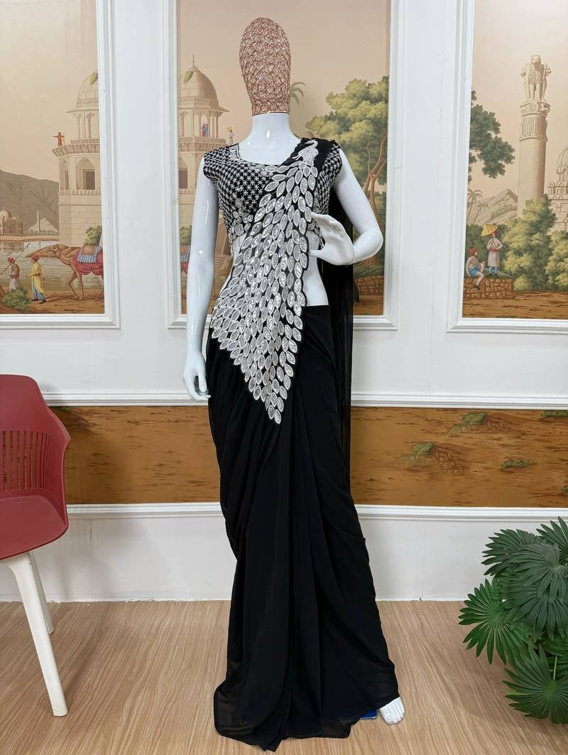 Noor Zahra Luxe Embroidered Saree (Ready-To-Wear) with Blouse