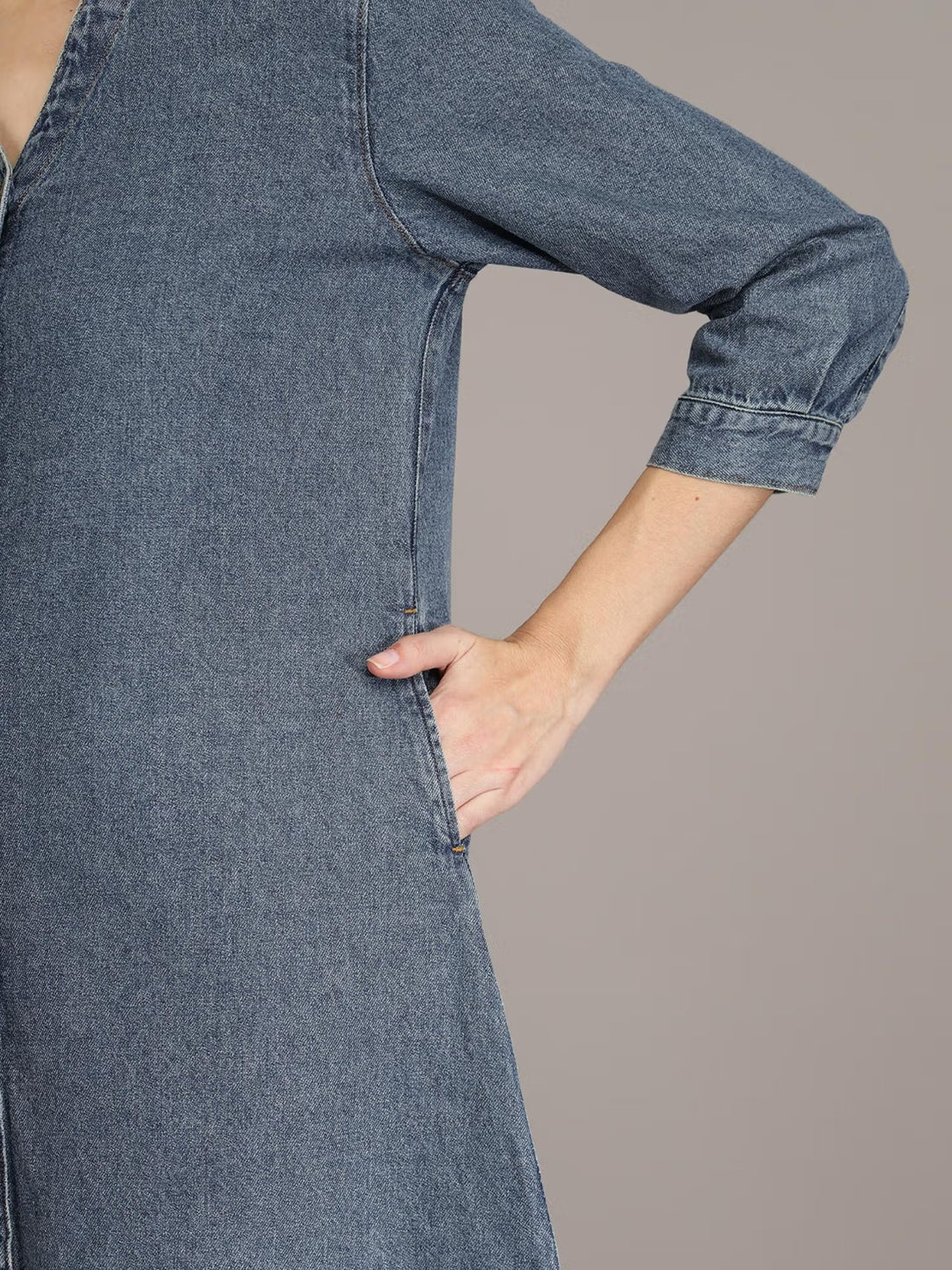 Navy Blue Cotton A-Line Denim Dress