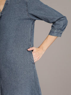 Navy Blue Cotton A-Line Denim Dress