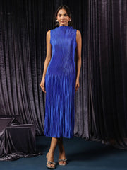 Satin Royal Blue Pleated Midi Dress