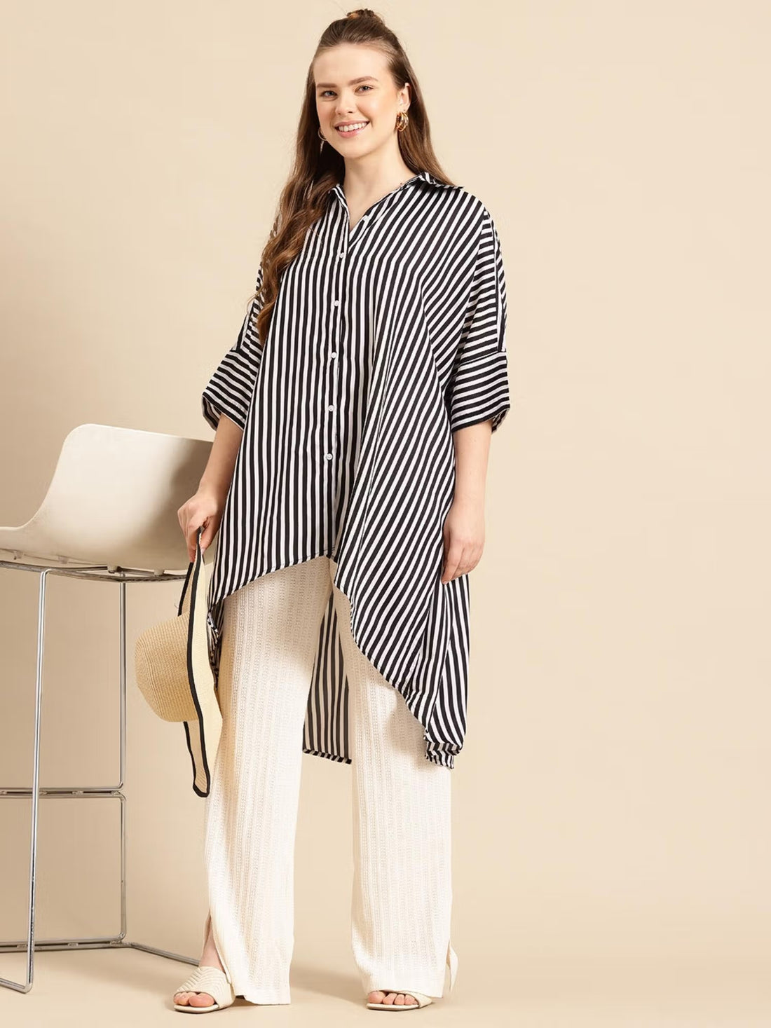 Black Striped Crepe Hi-Low Shirt