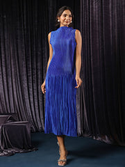 Satin Royal Blue Pleated Midi Dress