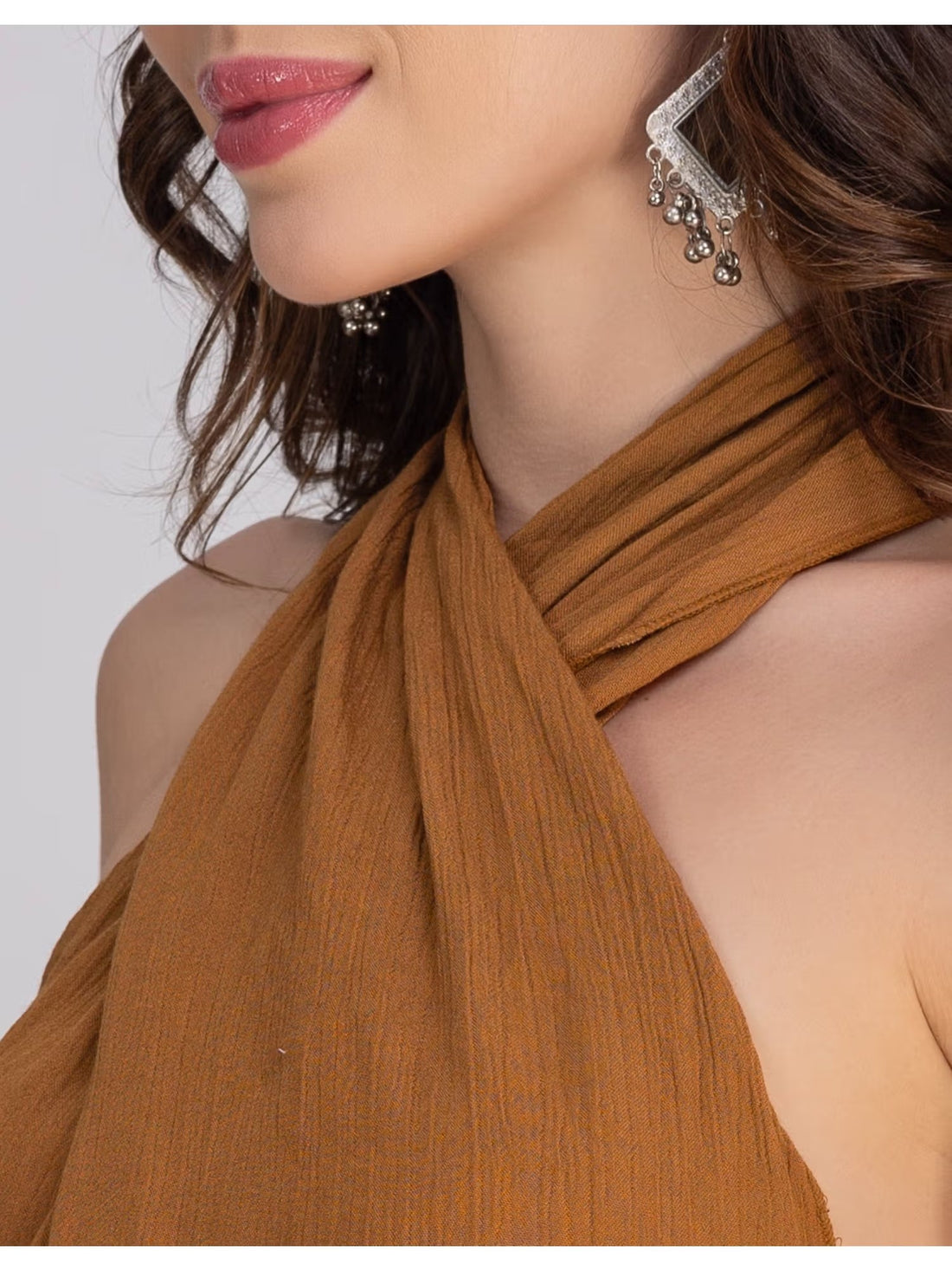 Brown Viscose Rayon Halter Co-Ord Set