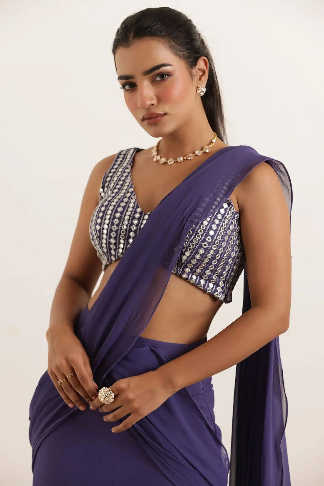 Grape Ruffle Lehenga Saree Set with Embellished Blouse