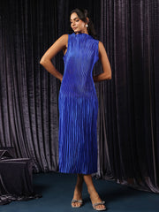 Satin Royal Blue Pleated Midi Dress