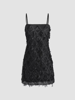 Black Sequin Geometric Tassel Mini Dress