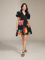 Black Multicolor Printed Mini Dress