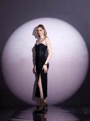 Black Sequined Strapless Midi Dress
