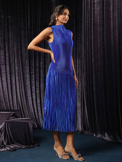 Satin Royal Blue Pleated Midi Dress