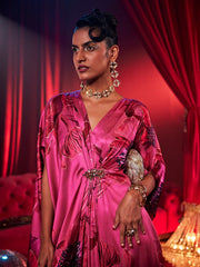 Satin Fuchsia Poppy Print Kaftan Dress