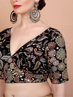 Black Embellished Georgette Plunge Blouse