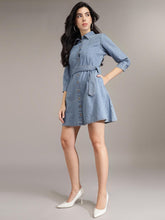 Navy Blue Cotton A-Line Denim Dress