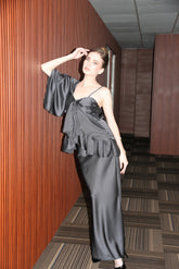 Black Satin Eclipse Asymmetric Ruffle Co-ord
