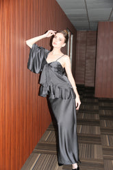 Black Satin Eclipse Asymmetric Ruffle Co-ord